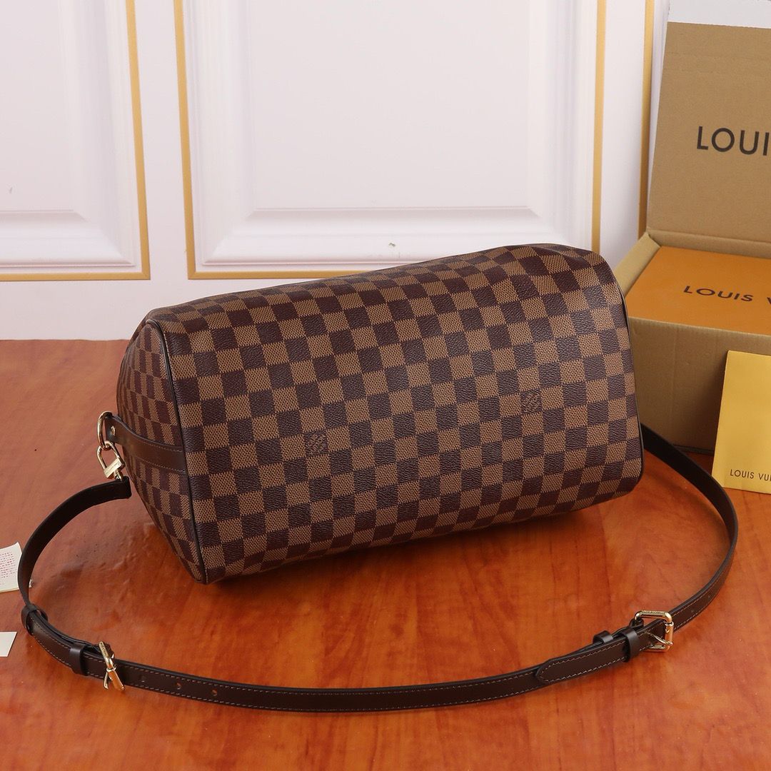 Barrel Duffel Bag in Brown Checkerboard Canvas with Strap, image 5
