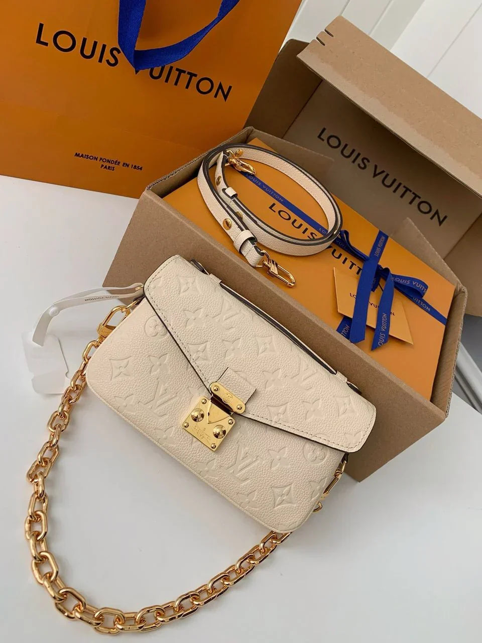 Long Flap Crossbody Bag in Ivory Embossed Leather with Gold Chain, image 2