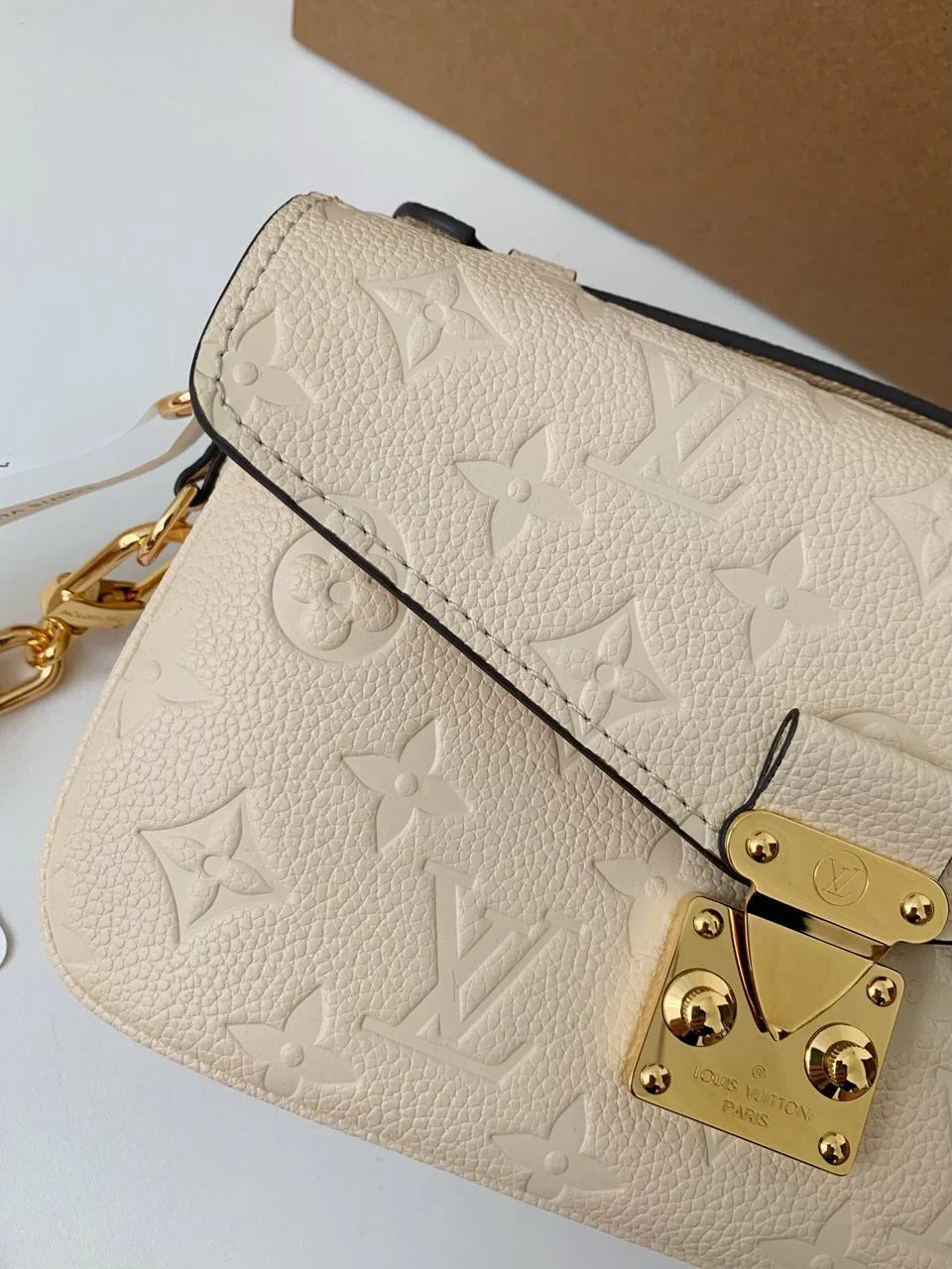 Long Flap Crossbody Bag in Ivory Embossed Leather with Gold Chain, image 5