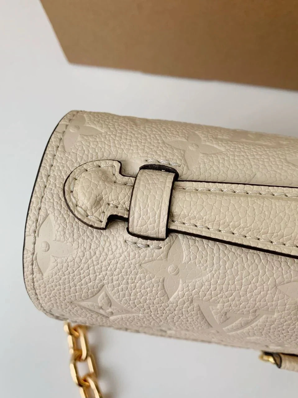 Long Flap Crossbody Bag in Ivory Embossed Leather with Gold Chain, image 7