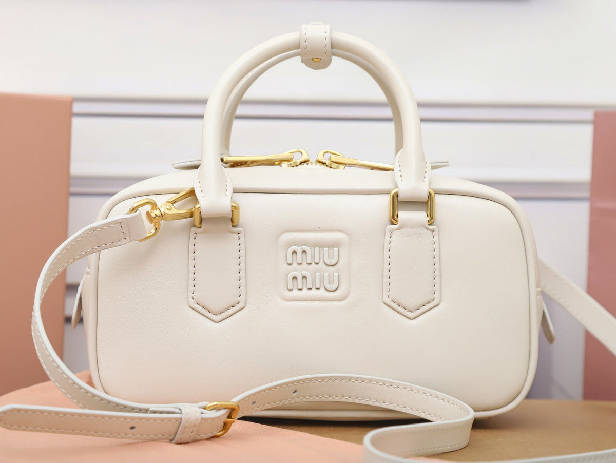 Mini Bowling Bag in Ivory Smooth Leather with Top Handles, image 6