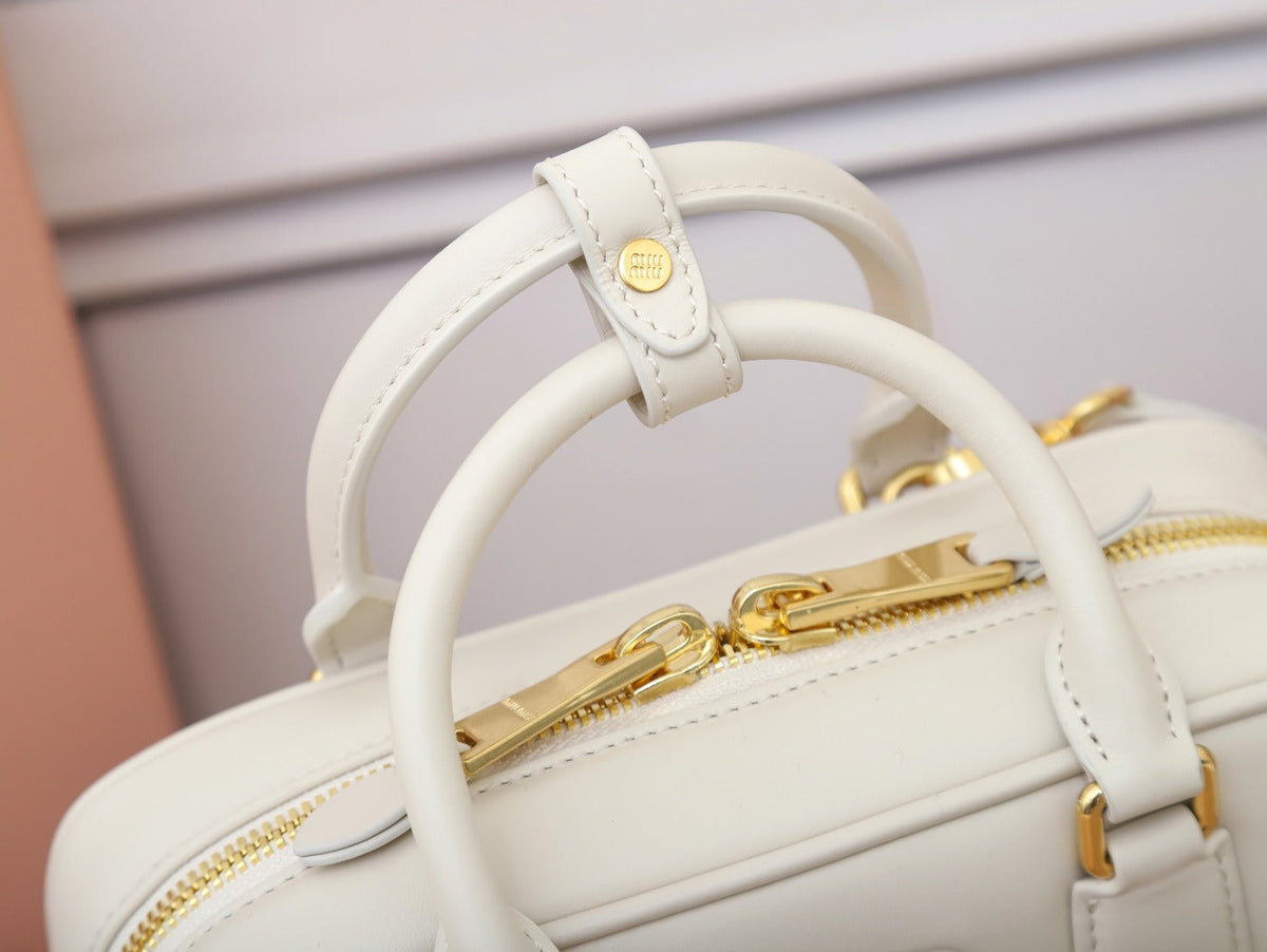 Mini Bowling Bag in Ivory Smooth Leather with Top Handles, image 8