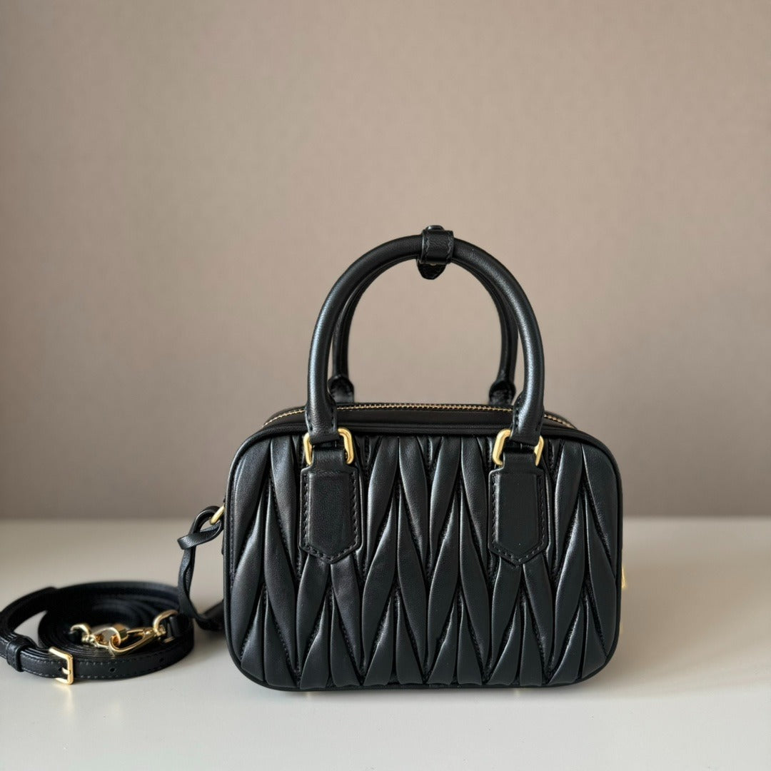 Mini Bowling Bag in Black Quilted Leather with Gold Padlock, image 2