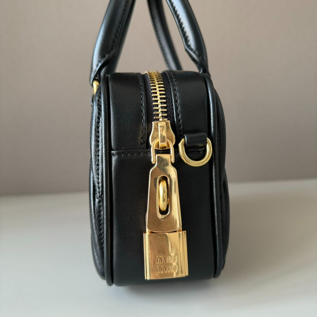 Mini Bowling Bag in Black Quilted Leather with Gold Padlock, image 3