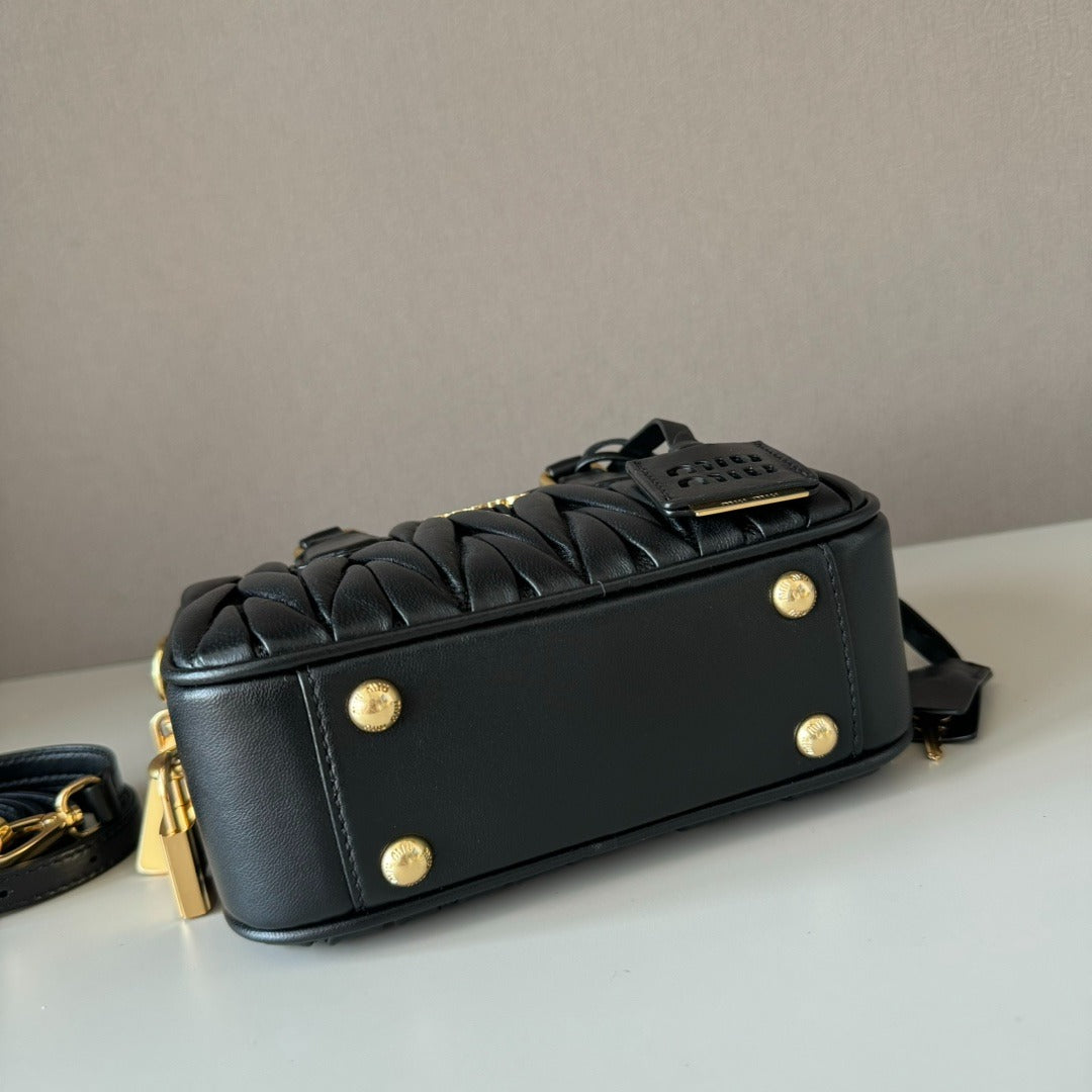 Mini Bowling Bag in Black Quilted Leather with Gold Padlock, image 4