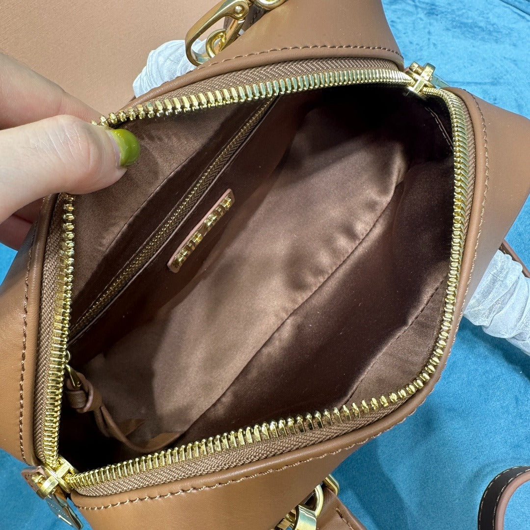 Mini Bowling Bag in Brown Smooth Leather with Gold Zip, image 6