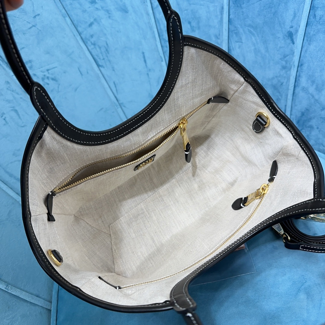 Structured Tote Bag in Black Smooth Leather with Round Handles, image 5