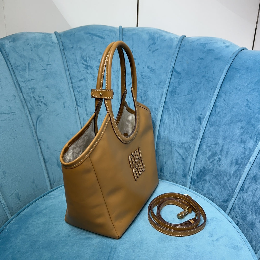 Bucket Tote Bag in Tan Smooth Leather with Round Handles, image 4