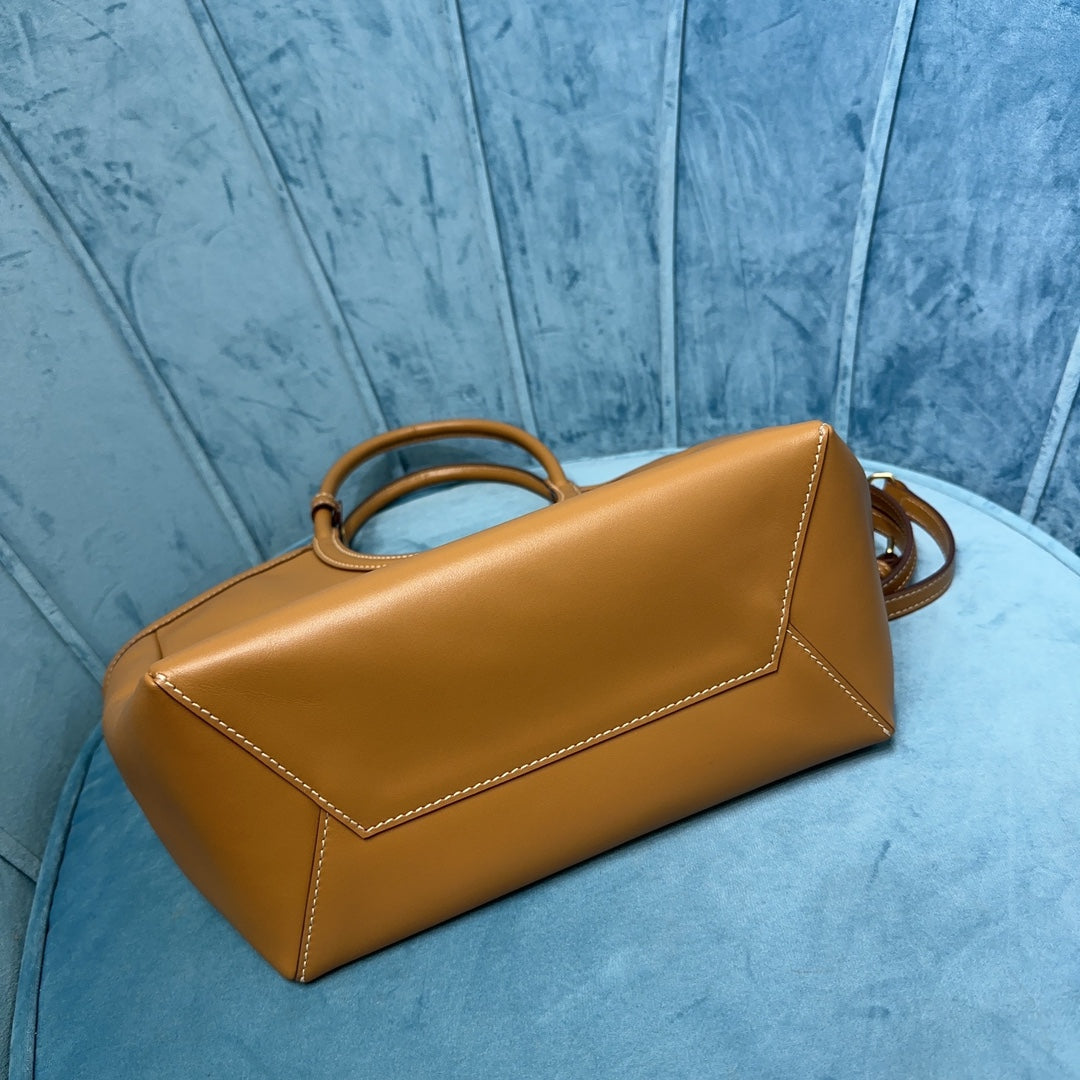 Bucket Tote Bag in Tan Smooth Leather with Round Handles, image 6