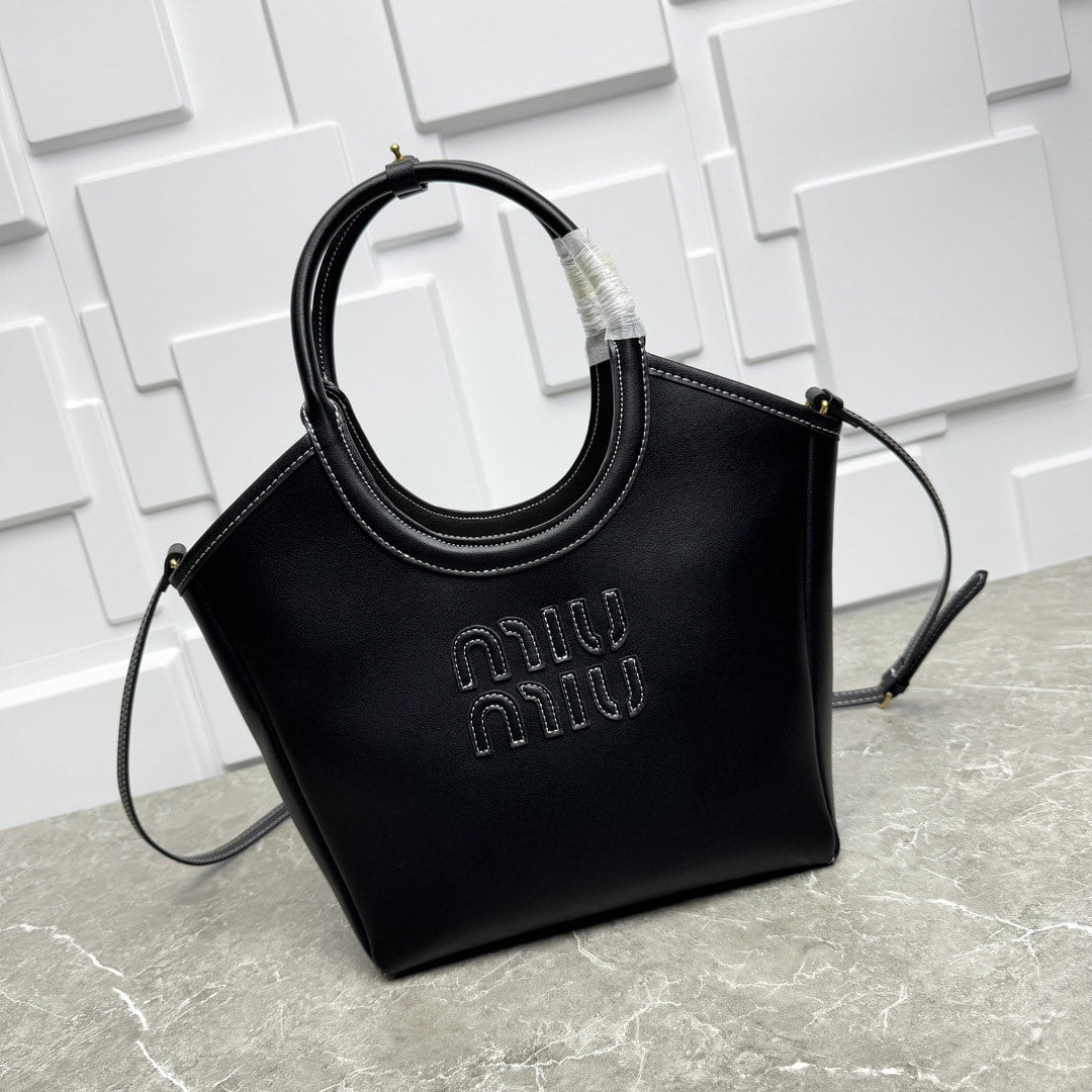 Structured Smooth Leather Tote Bag with Rounded Cut-Out Handles, image 3