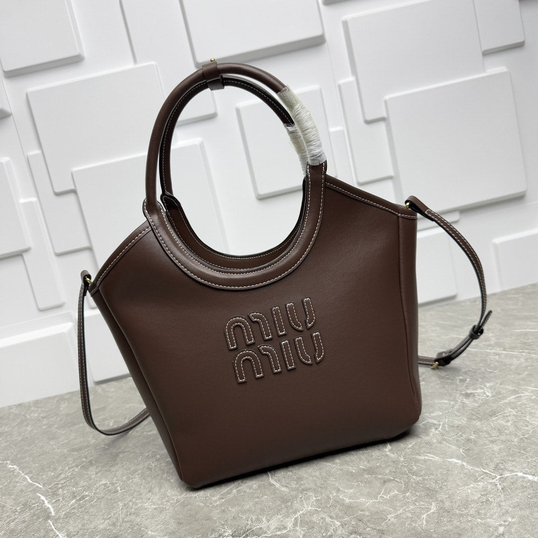 Structured Smooth Leather Tote Bag with Rounded Cut-Out Handles, image 4