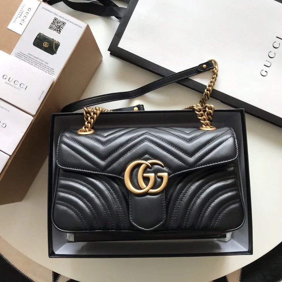 Shoulder Bag in Black Chevron Quilted Leather with Gold Chain