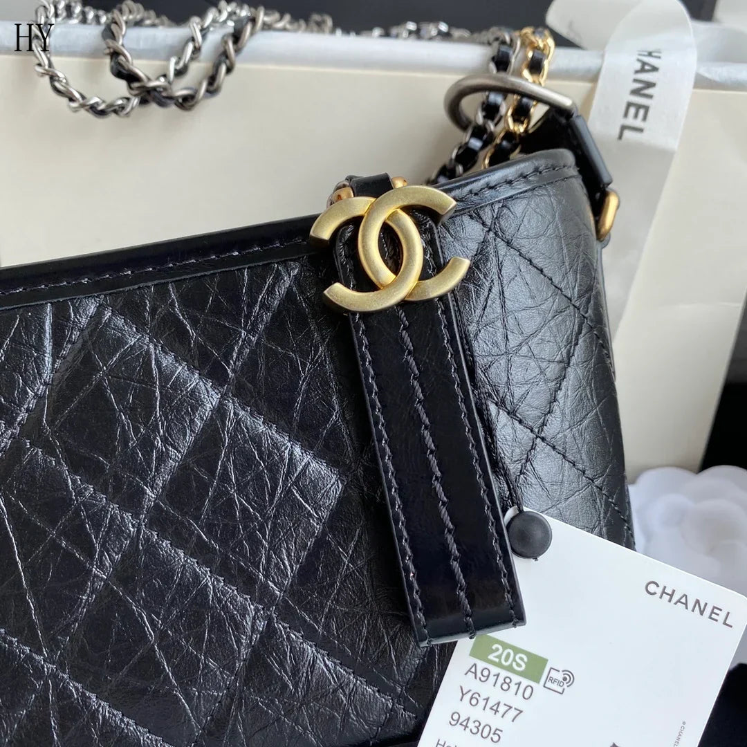 Hobo Bag in Black Aged Quilted Leather with Two-Tone Chain, image 6