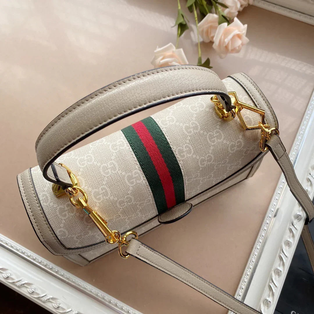 Top Handle Bag in Cream Coated Canvas with Striped Trim, image 5
