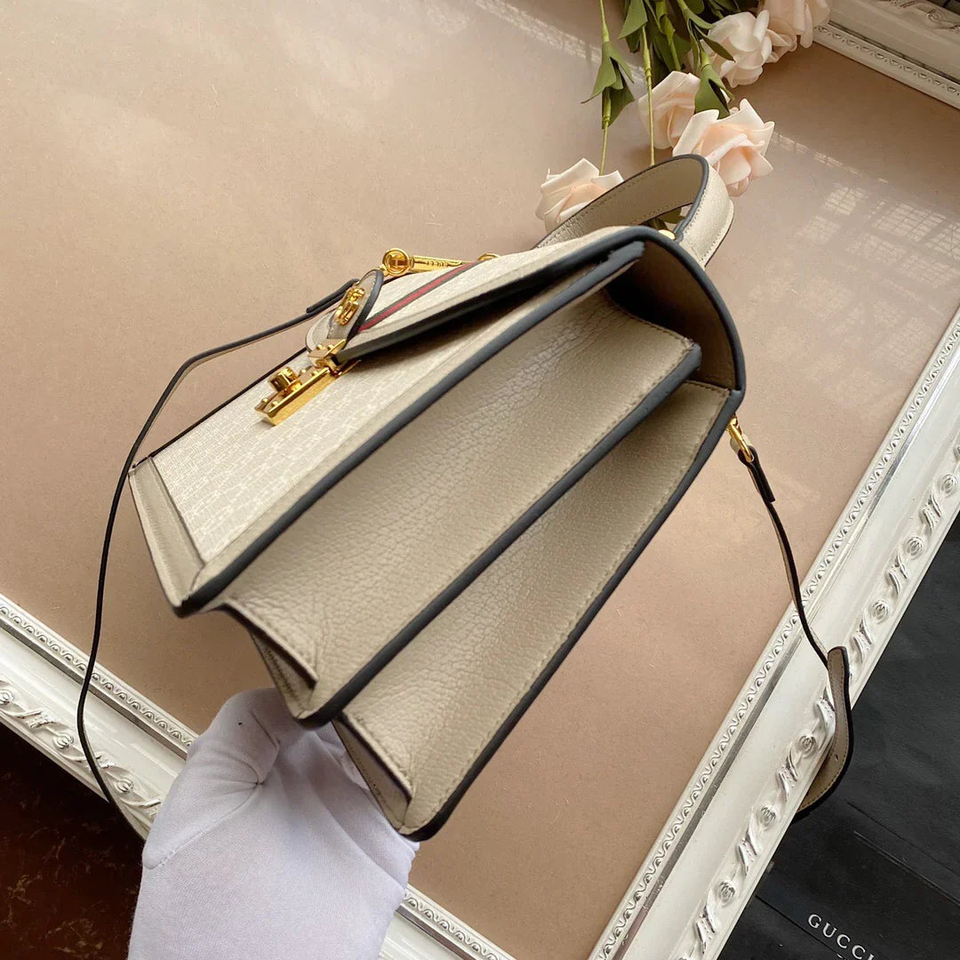 Top Handle Bag in Cream Coated Canvas with Striped Trim, image 6