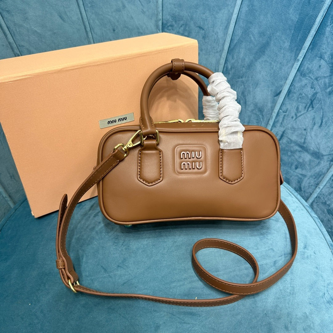Mini Bowling Bag in Brown Smooth Leather with Gold Zip, image 3