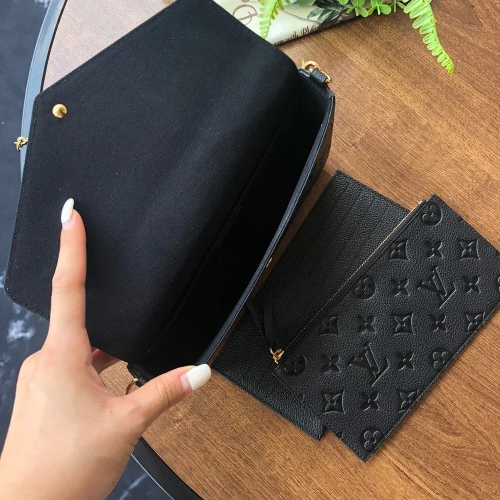 Flat Crossbody Clutch in Black Embossed Leather with Gold Chain, image 5