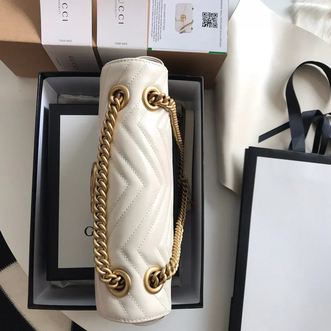 Chevron Quilted Flap Bag in White Leather with Gold Chain, image 3