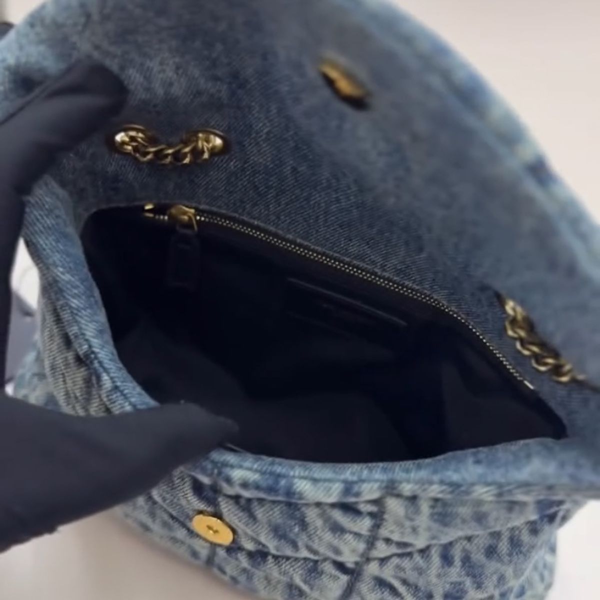 Quilted Shoulder Bag in Blue Washed Denim with Gold Chain, image 6