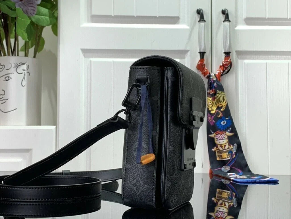 Men's Vertical Phone Crossbody Bag in Black Coated Canvas, image 3