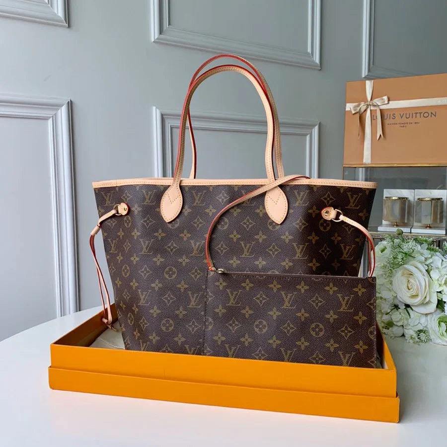 Large Open Tote in Brown Printed Canvas with Tan Handles