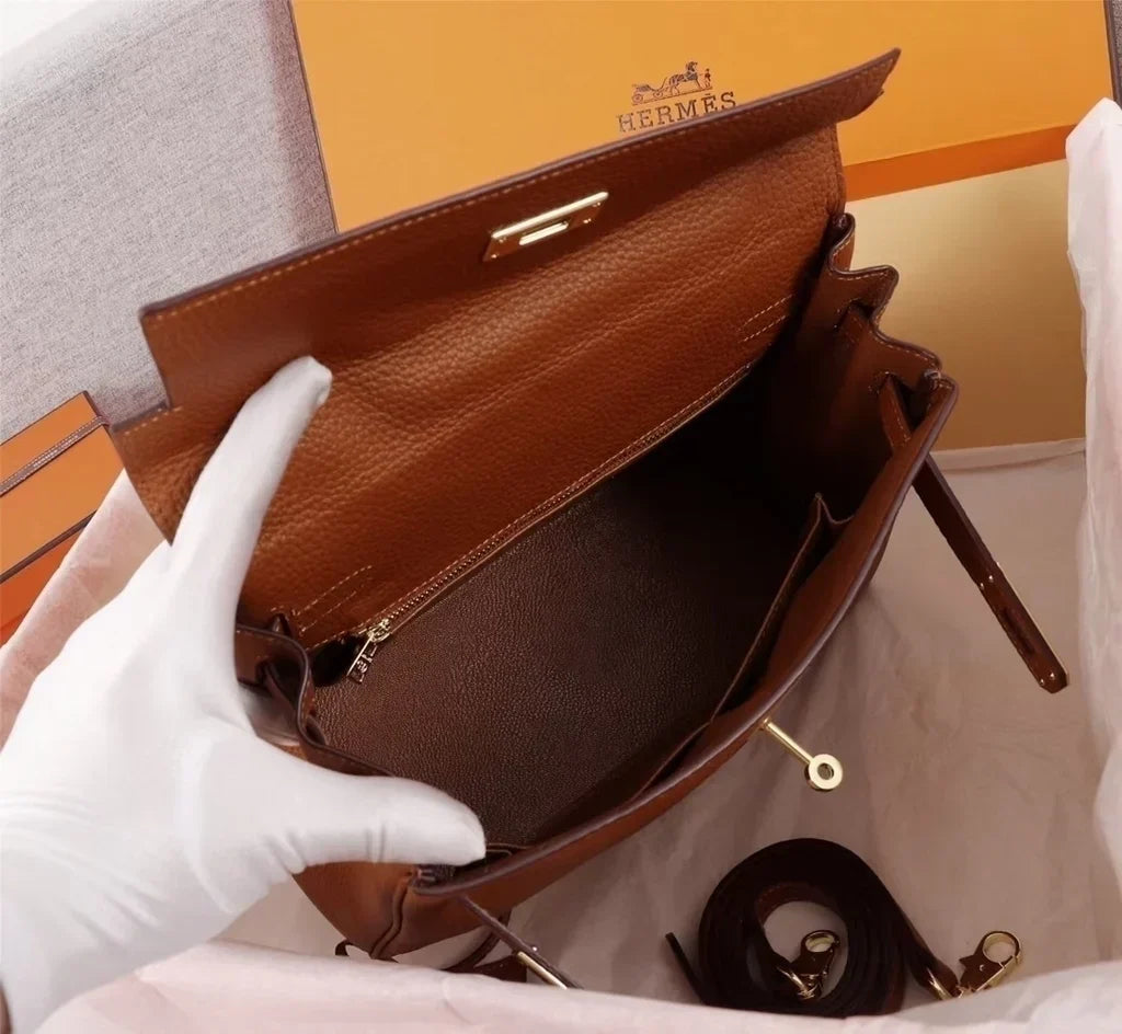 Top Handle Bag in Brown Grained Leather with Gold Turn-Lock, image 6