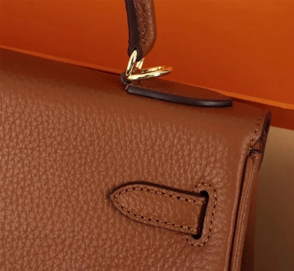 Top Handle Bag in Brown Grained Leather with Gold Turn-Lock, image 7