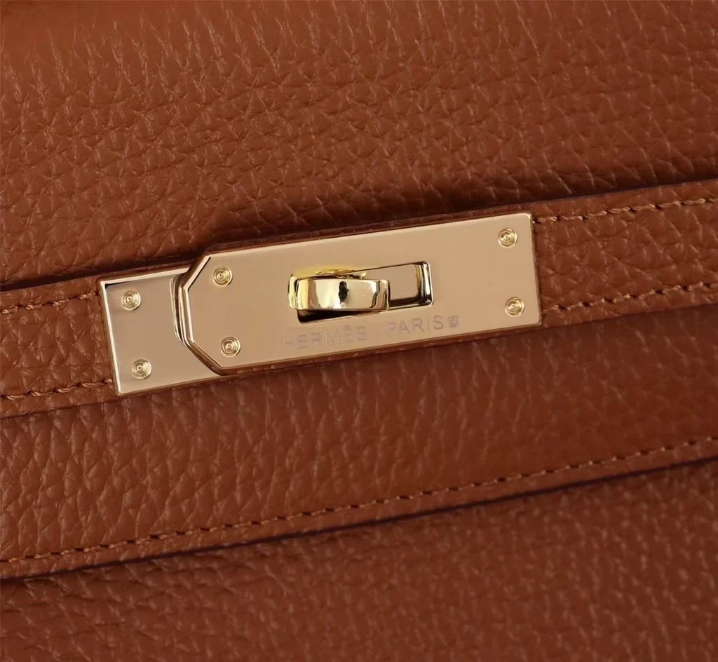 Top Handle Bag in Brown Grained Leather with Gold Turn-Lock, image 8