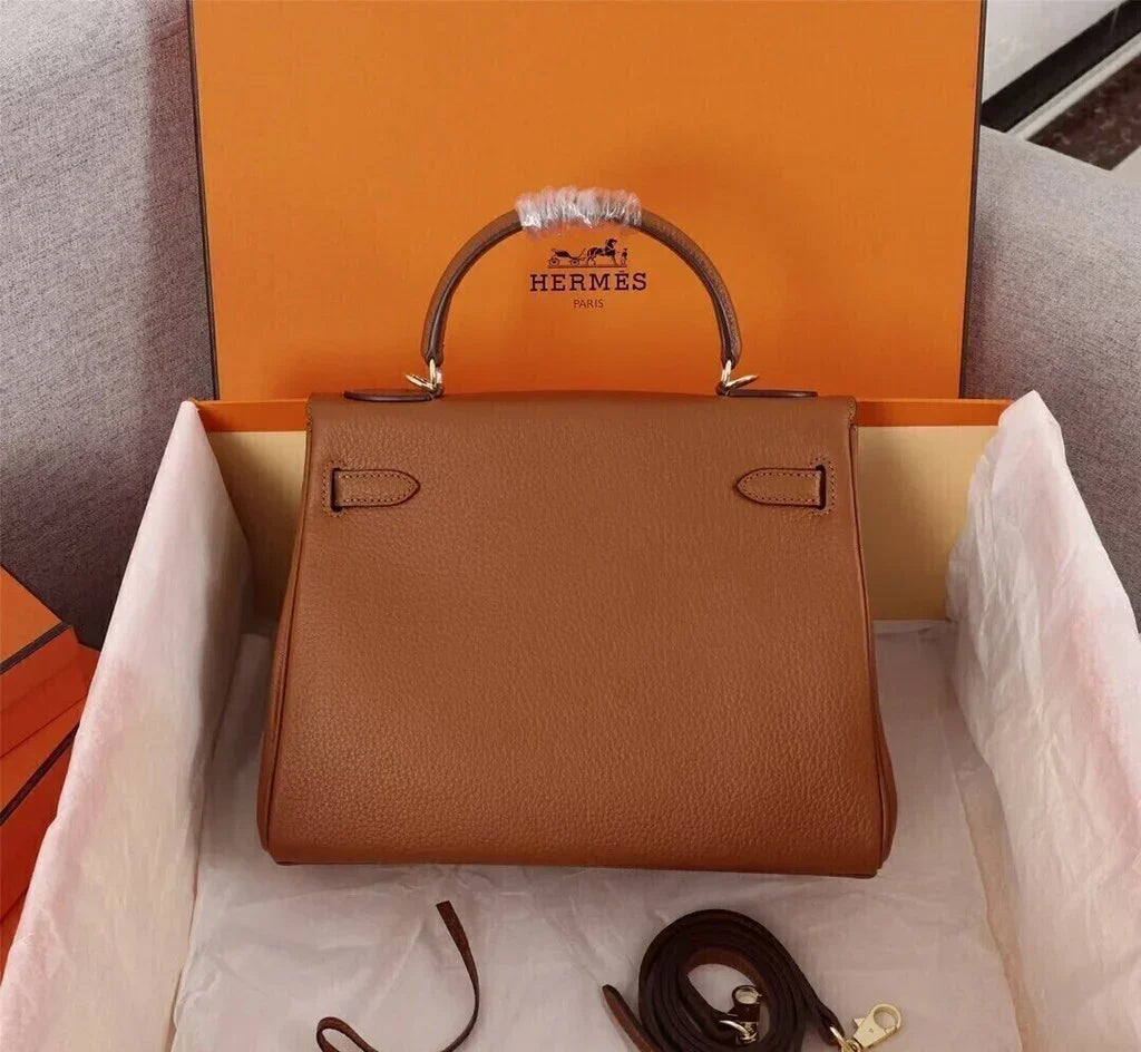 Top Handle Bag in Brown Grained Leather with Gold Turn-Lock, image 4