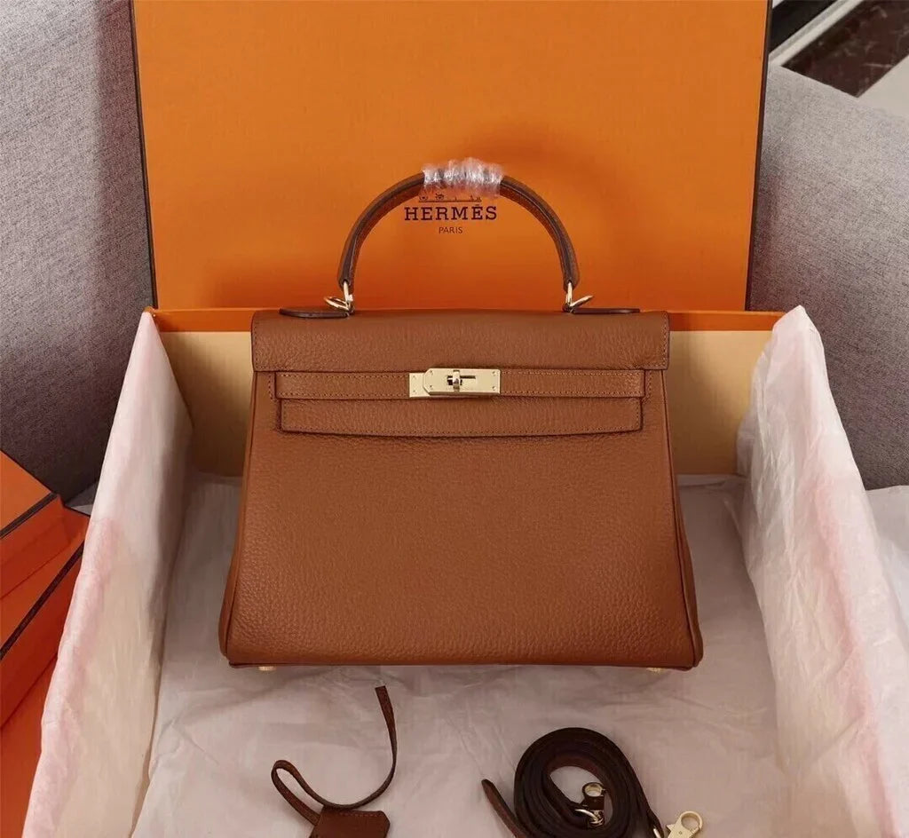 Top Handle Bag in Brown Grained Leather with Gold Turn-Lock