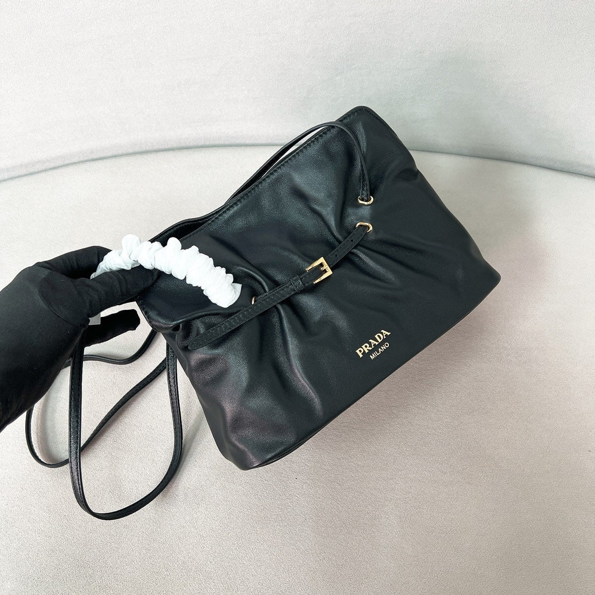 Gathered Shoulder Bag in Black Smooth Leather with Buckle, image 9