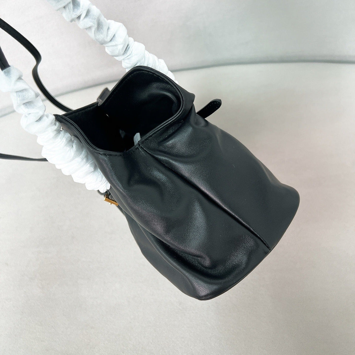 Gathered Shoulder Bag in Black Smooth Leather with Buckle, image 11