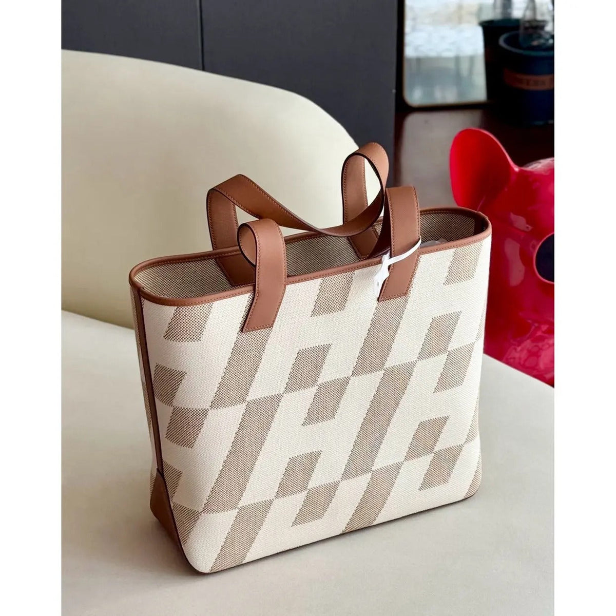 Tote Bag in Beige Geometric Canvas with Tan Leather Handles, image 4