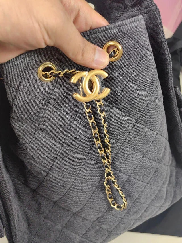 Bucket Bag in Grey Quilted Canvas with Gold Chain Handle, image 4