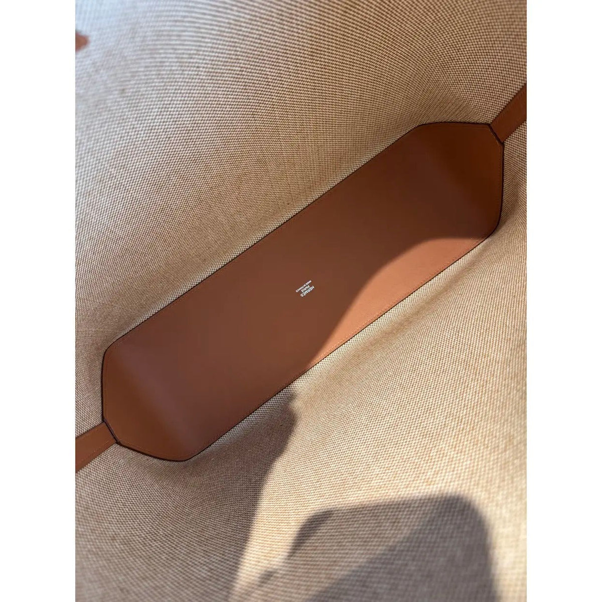 Tote Bag in Beige Geometric Canvas with Tan Leather Handles, image 5