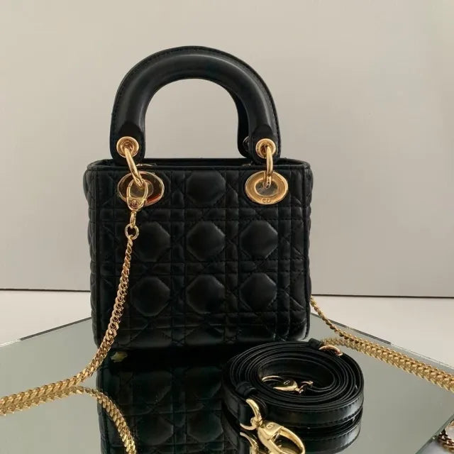 Mini Top Handle Bag in Black Quilted Lambskin with Gold Charms, image 7