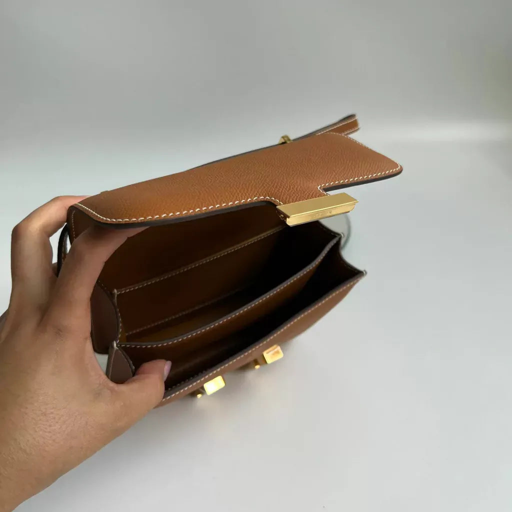 Top Handle Bag in Tan Grained Leather with Gold Flap Clasp, image 4