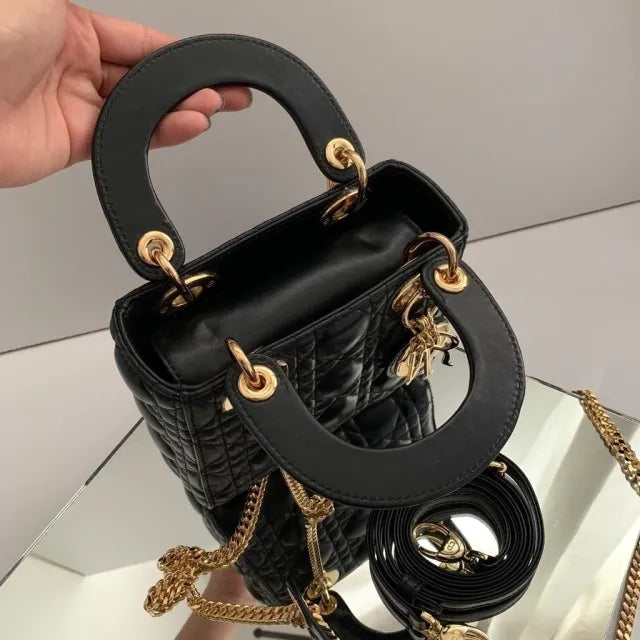 Mini Top Handle Bag in Black Quilted Lambskin with Gold Charms, image 10