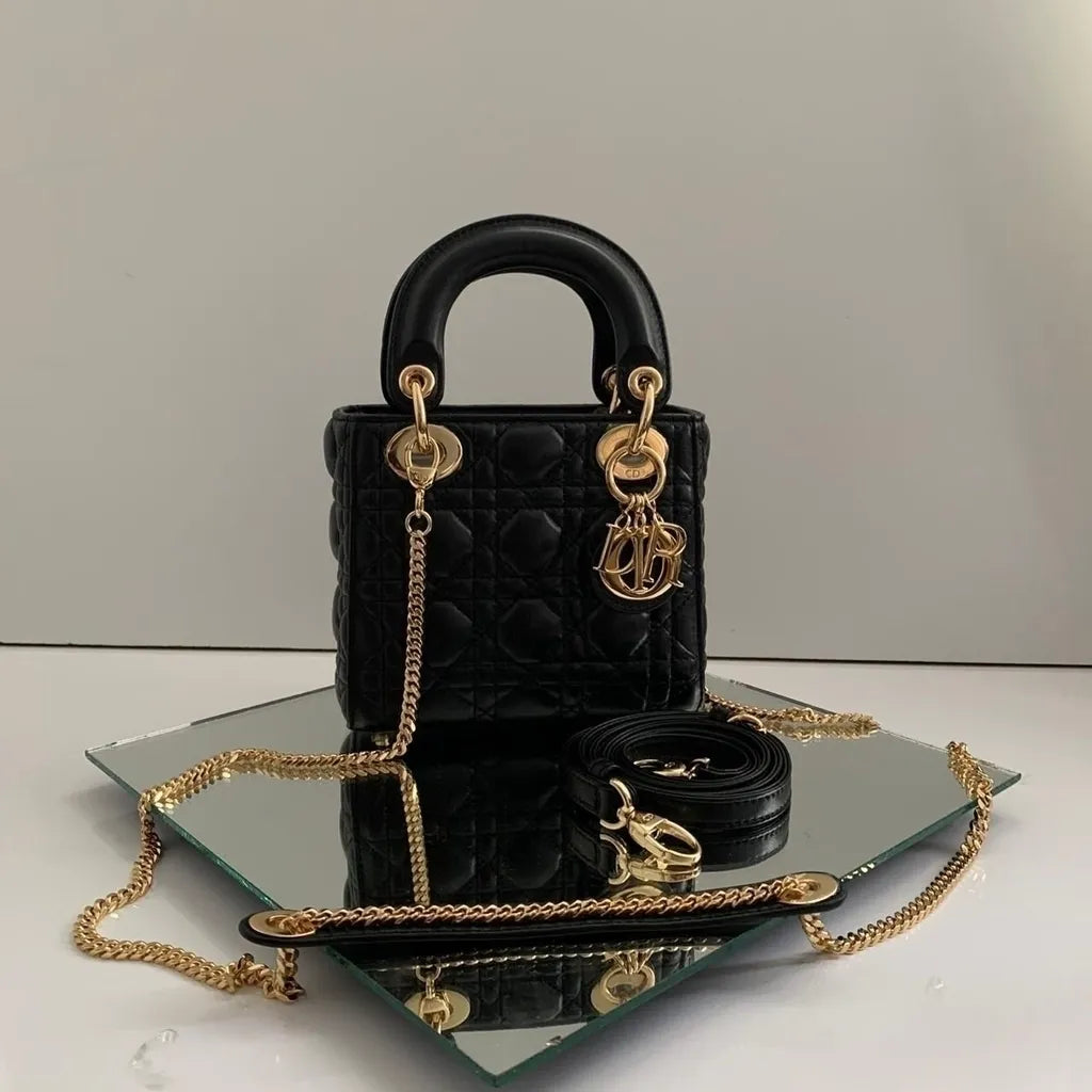 Mini Top Handle Bag in Black Quilted Lambskin with Gold Charms, image 6