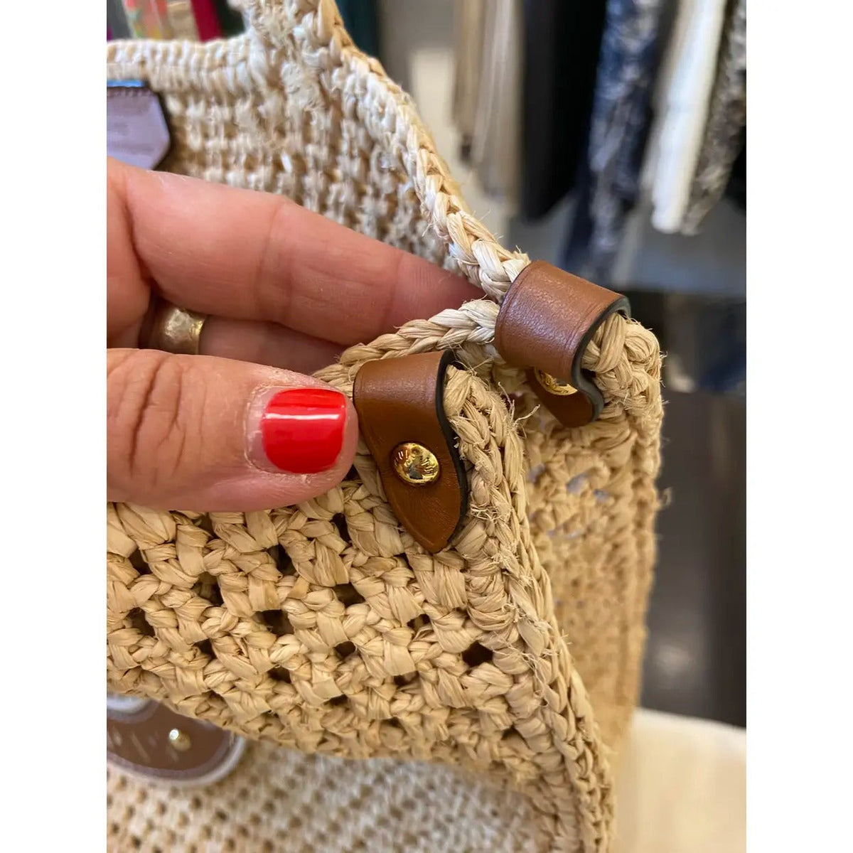Open-Weave Raffia Tote Bag with Round Brown Patch, image 8