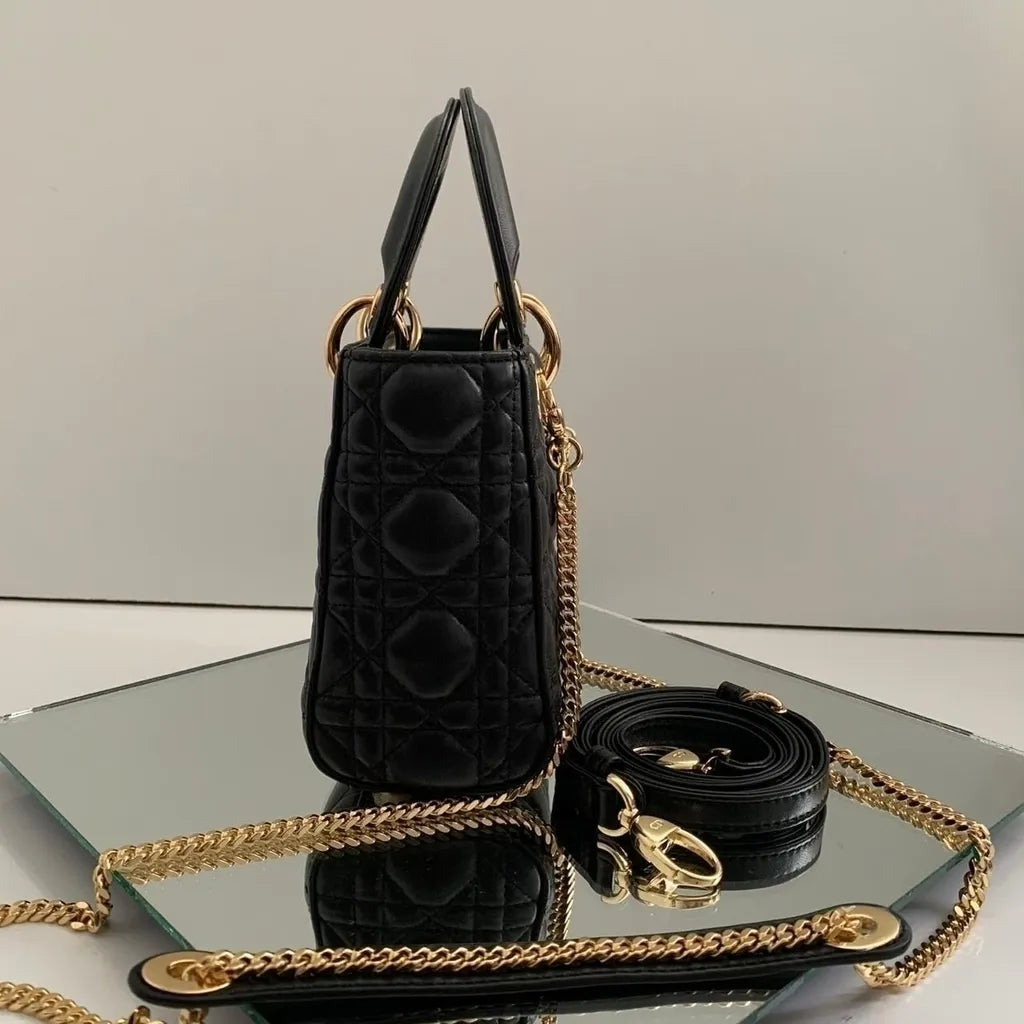 Mini Top Handle Bag in Black Quilted Lambskin with Gold Charms, image 8