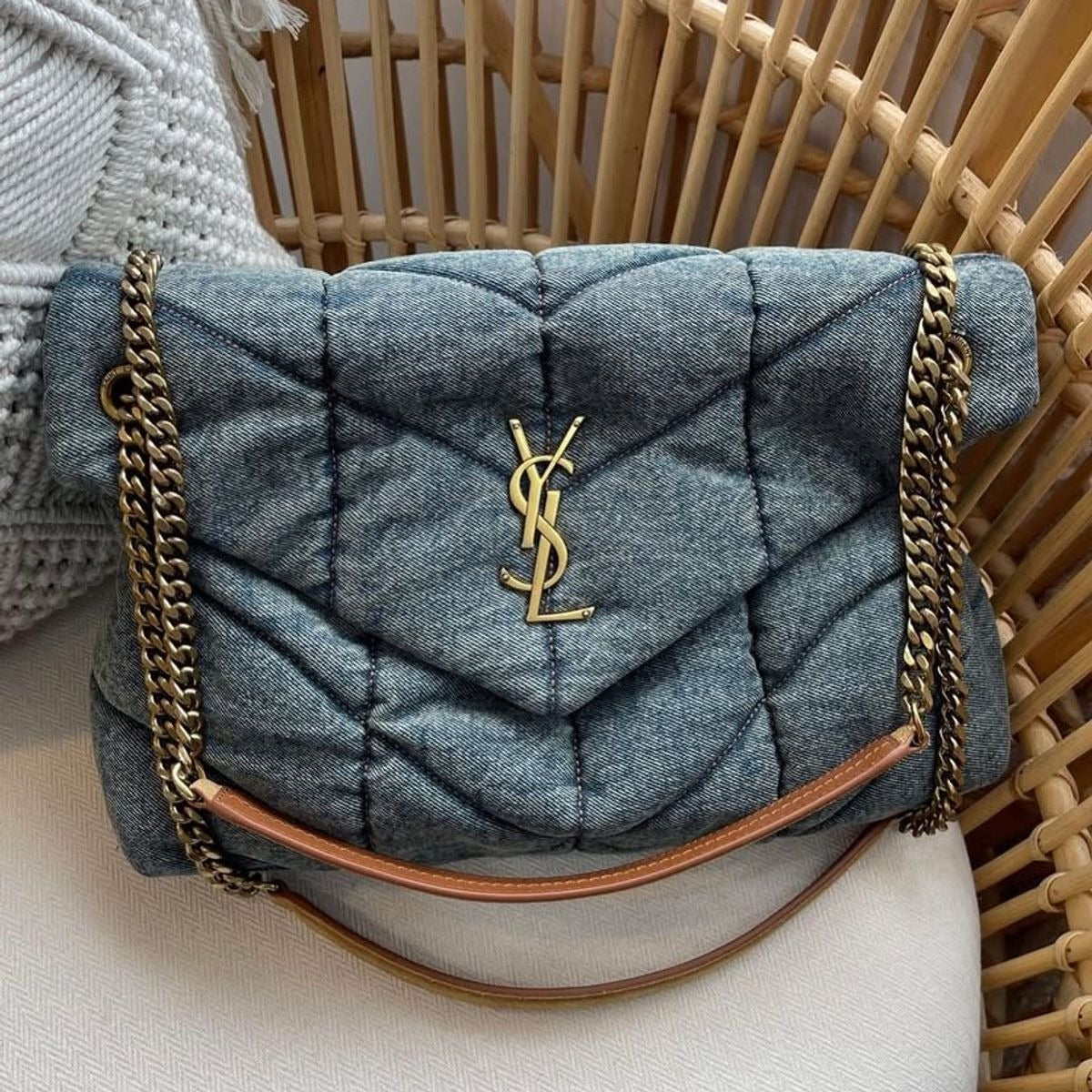 Quilted Shoulder Bag in Blue Washed Denim with Gold Chain, image 4
