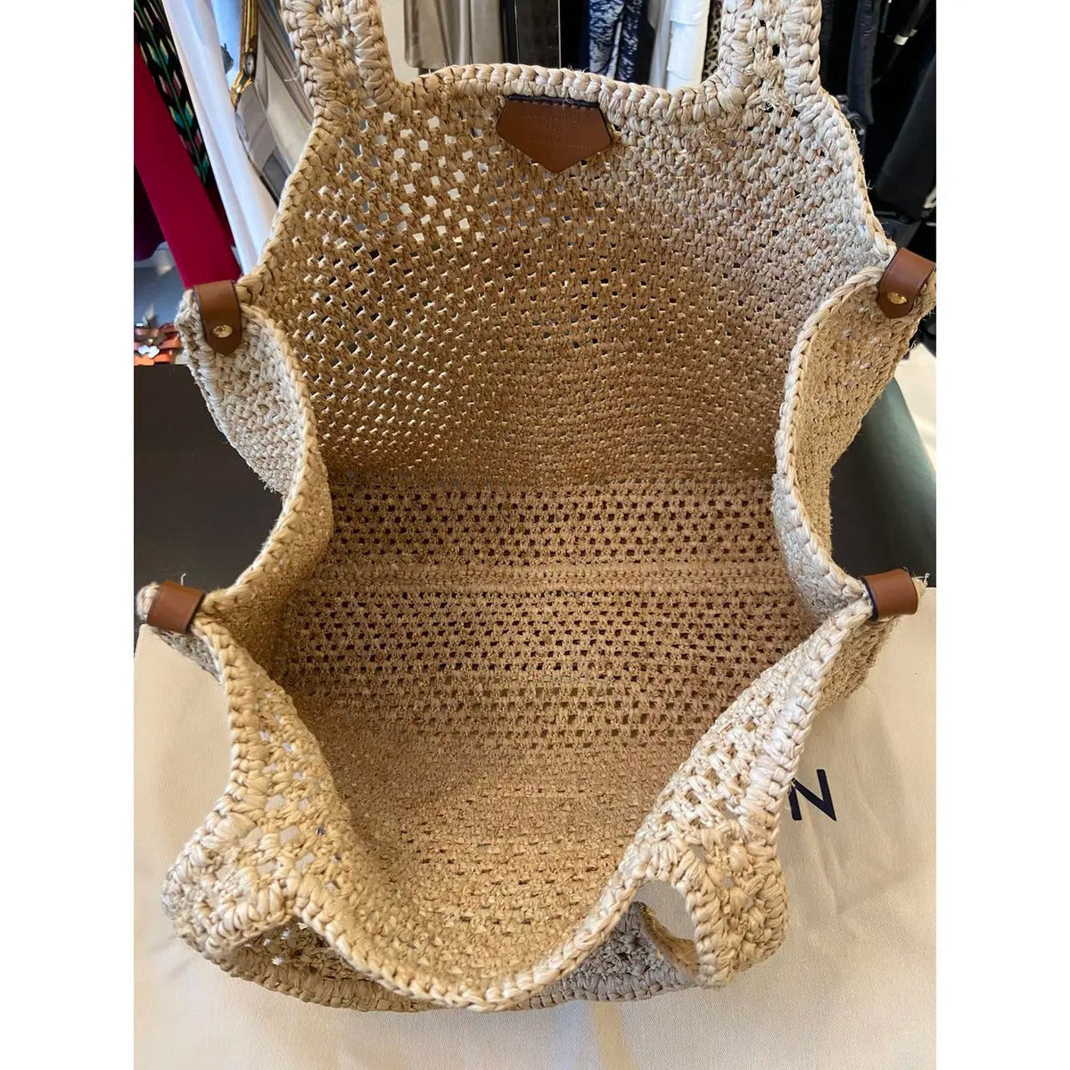Open-Weave Raffia Tote Bag with Round Brown Patch, image 11