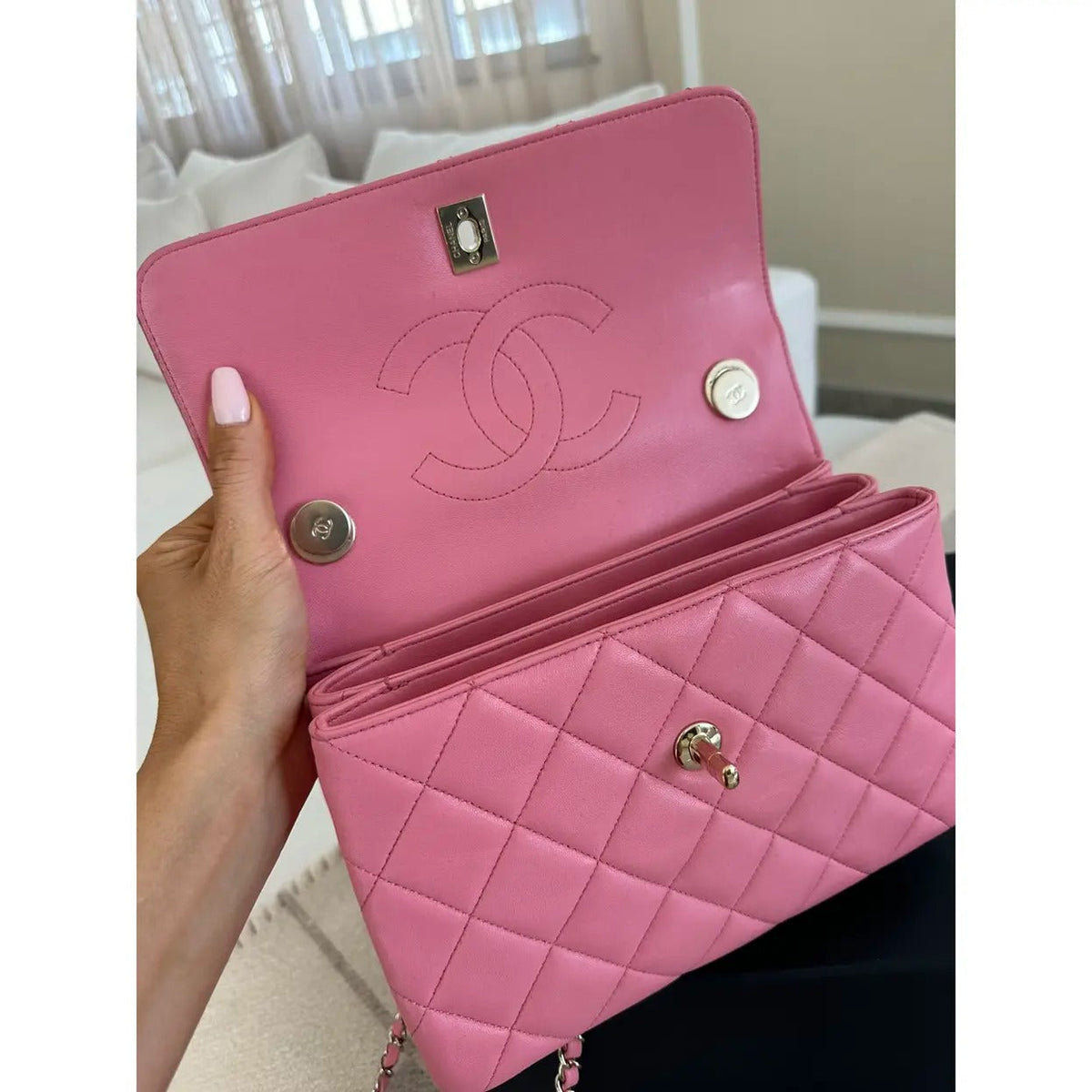 Flap Bag in Pink Quilted Leather with Rolled Top Handle, image 3