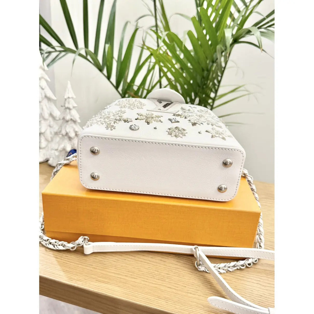Mini Top Handle Bag in White with Crystal Snowflake Details, image 14