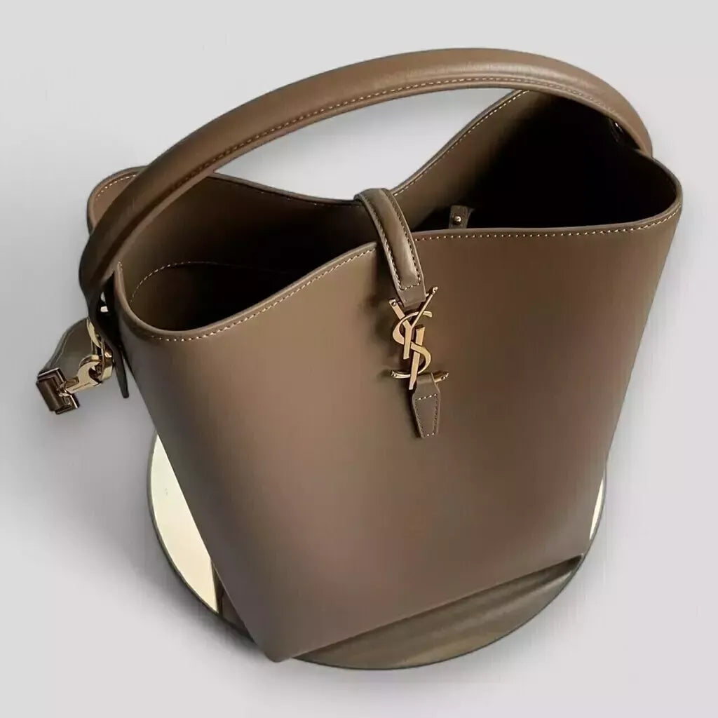 Bucket Bag in Taupe Glossy Leather with Top Handle, image 3