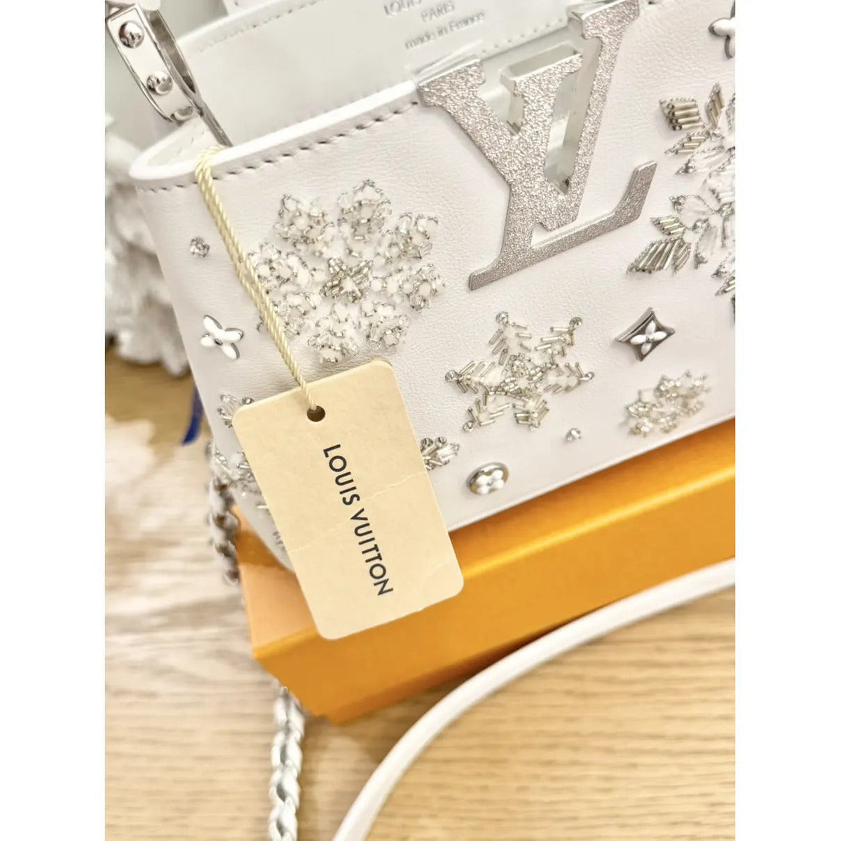 Mini Top Handle Bag in White with Crystal Snowflake Details, image 19