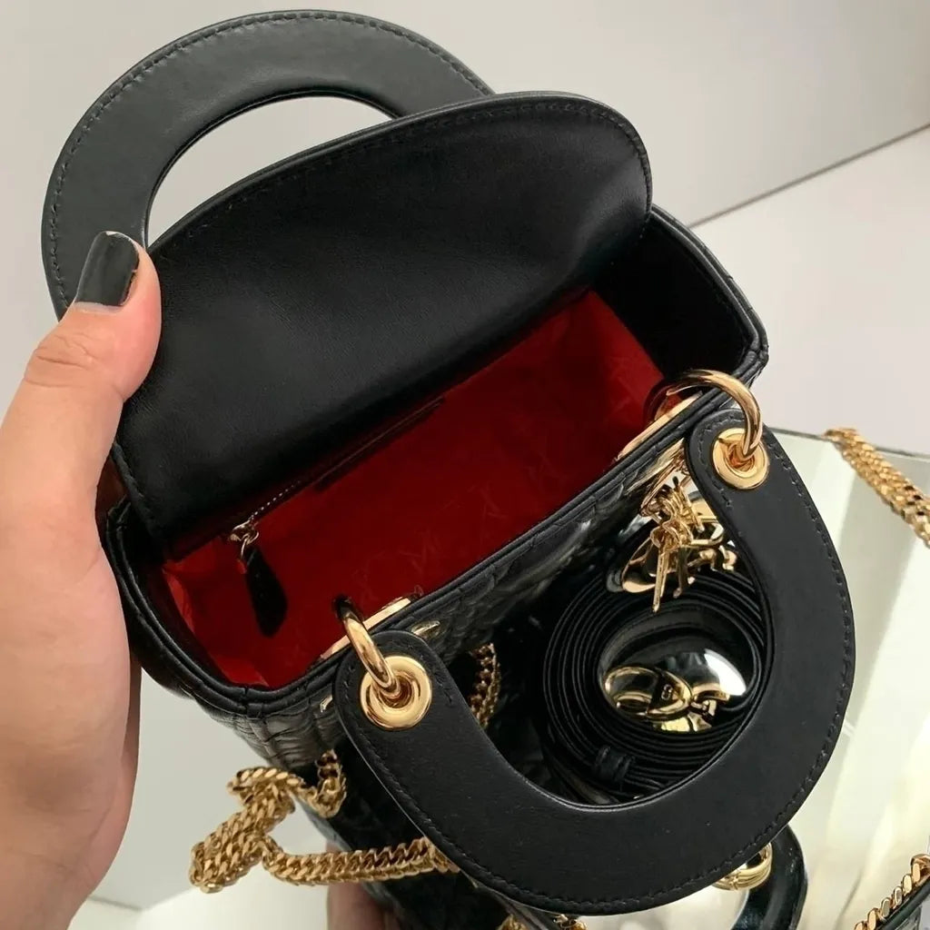 Mini Top Handle Bag in Black Quilted Lambskin with Gold Charms, image 11