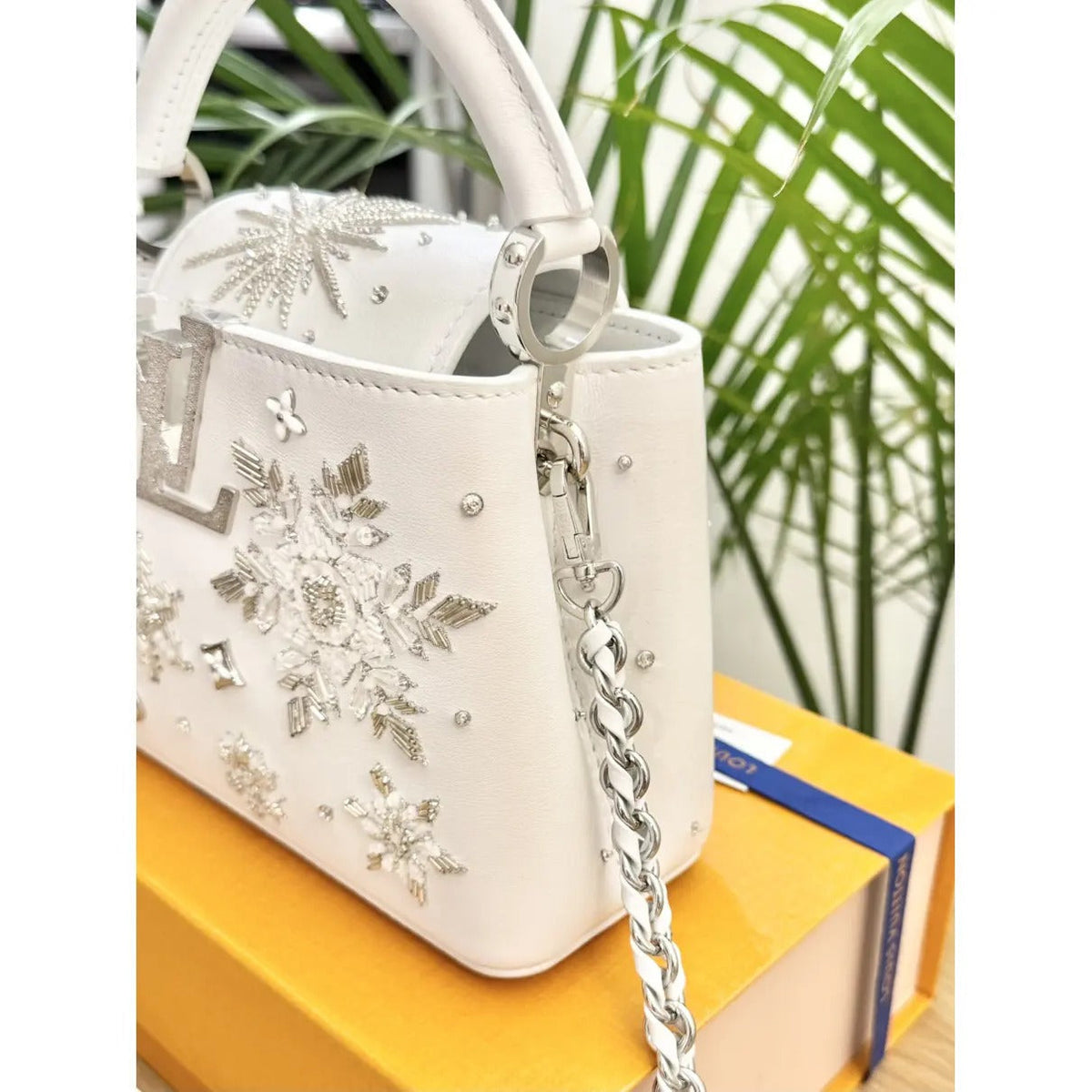 Mini Top Handle Bag in White with Crystal Snowflake Details, image 16