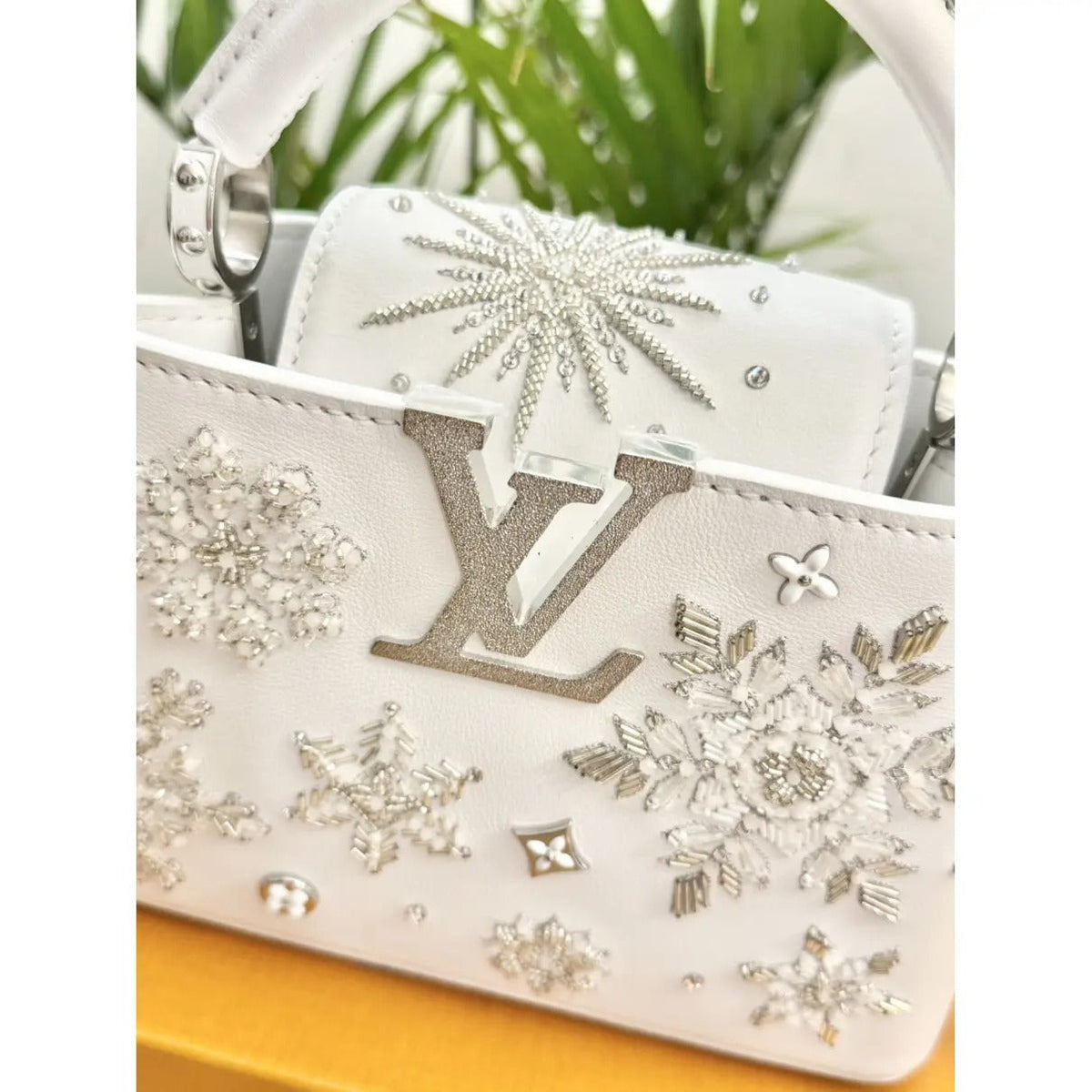 Mini Top Handle Bag in White with Crystal Snowflake Details, image 17